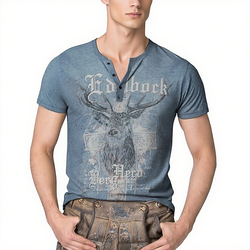 Bayerisch München Deutsch T-Shirt Ärmel Lederhosen T-Shirt Match Henley-Shirt Hirsch Grafik für Herren Erwachsene 3D-Druck für Karneval Oktoberfestbier Party Image