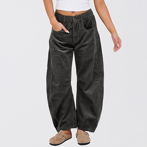Damen Weites Bein Cordhose Stoffhosen Streetwear Lässig Volle Länge Natürliche Taille Einfach Tasche Elastischer Bund Bequem Straße Ferien Wochenende Dunkelgrau Schwarz Rosa Dunkelgrün Herbst Normale Image