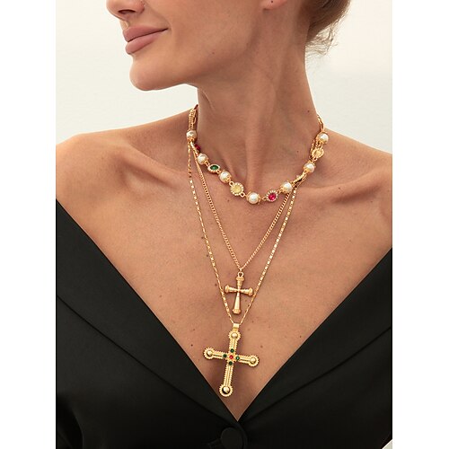 Mehrreihige Halskette mit Barockperlen und mehrfarbigem Herzanhänger und Kreuzanhänger für Damen – eleganter Statement-Schmuck für Partys, Hochzeiten und Abendveranstaltungen Image