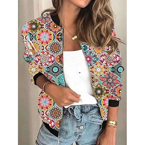 Damen Freizeitjacke Bequem Atmungsaktiv Reißverschluss Druck Lässig Blumen Urlaub Straße Alltagskleidung Ausgehen Reisverschluss Regulär Stehkragen Normale Passform Langarm Oberbekleidung Schwarz Image