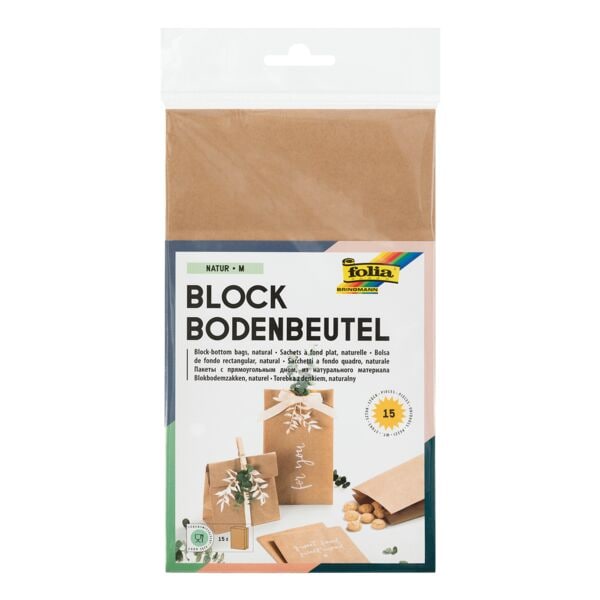 folia 15er-Set Blockbodenbeutel Größe M braun, 21x6 cm