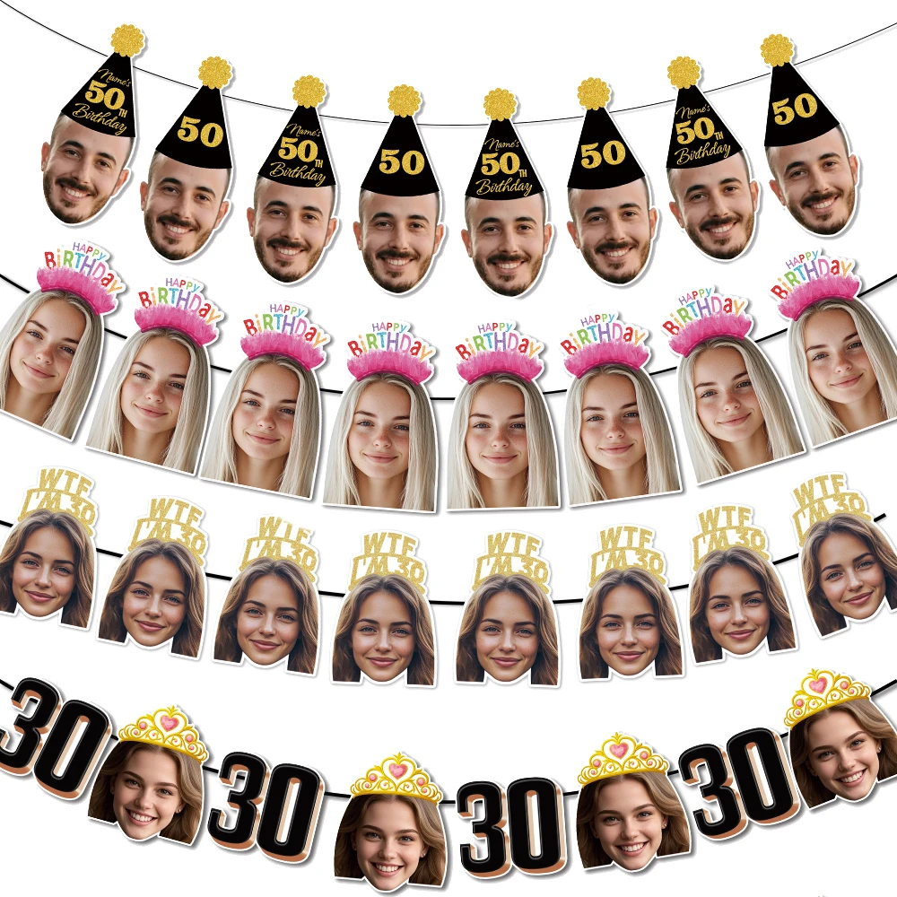 1 Satz 8 Stück individuelles Geburtstags-Fotobanner, personalisiertes Gesichtsfoto, Wimpelkette für Erwachsene, Geburtstagsparty, Gastgeschenke, Geburtstagsbanner Image