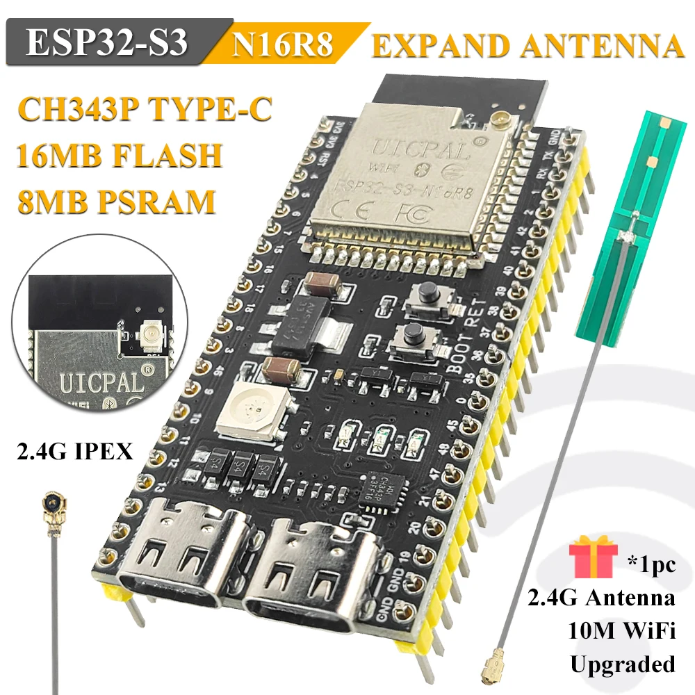 Erweitern Sie die Antenne ESP32 S3 Entwicklungsboard für Arduino IDF AI IOT DIY 2.4G Wifi Modul ESP32-S3 N16R8 CH343 Typ-C ESP32S3 Image