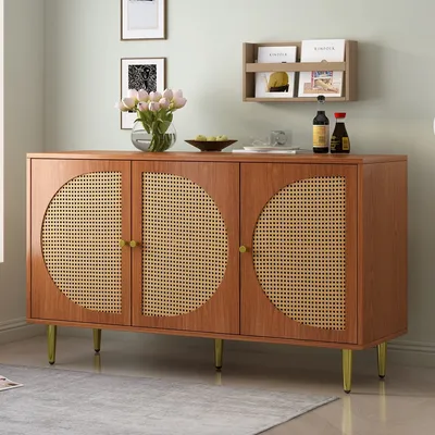 Sideboard with 3 rattan decorated doors chest of drawers Highboard with metal handles, for bedrooms & living rooms & office