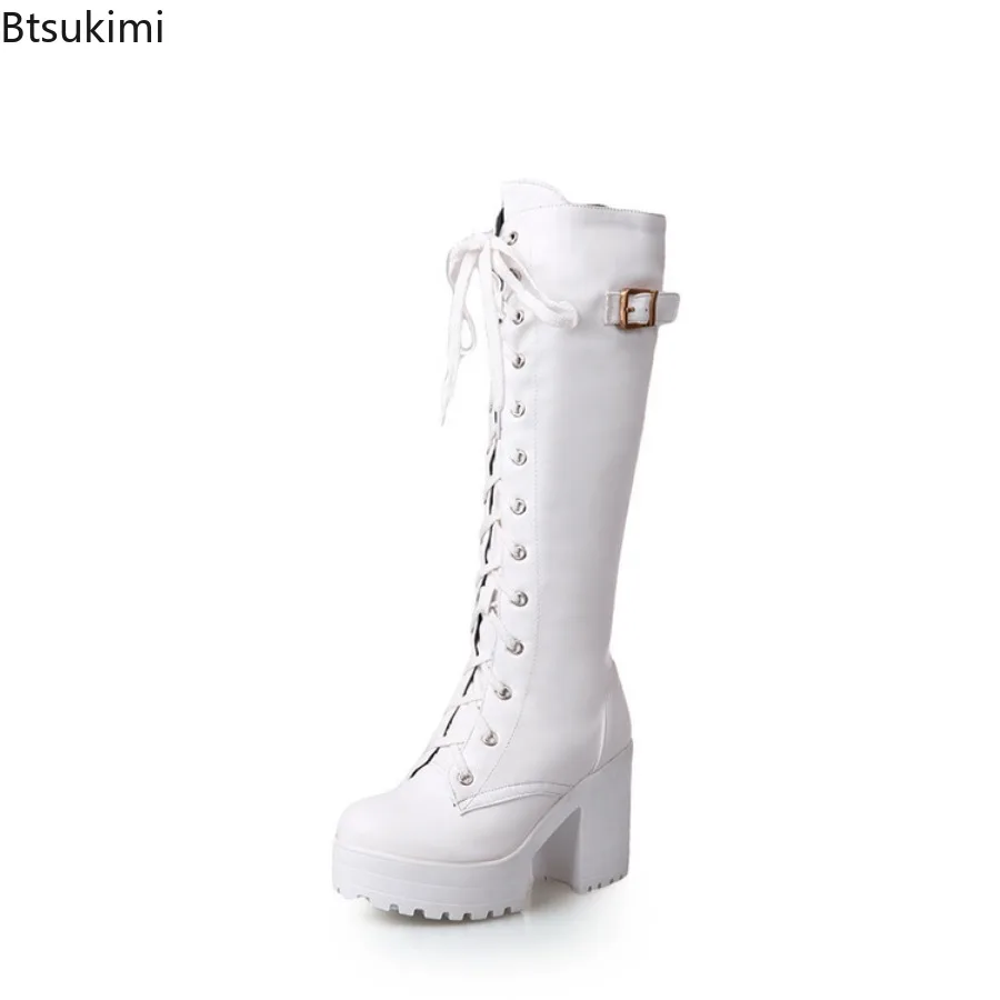 Neue 2026 Frühling Herbst Schnür-Kniehohe Stiefel Damen Mode Weiße Quadratische Absätze Damen Lederschuhe Winter PU Große Größe 43