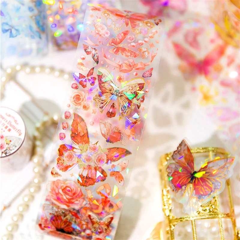 1 Rolle Material, dekoratives Bürobedarf, elegante Zirkulation, PET-Goldband, 2 m, Schmetterling, Laser, Rosen, Klebstoffe, Sammelalbum, 60 mm
