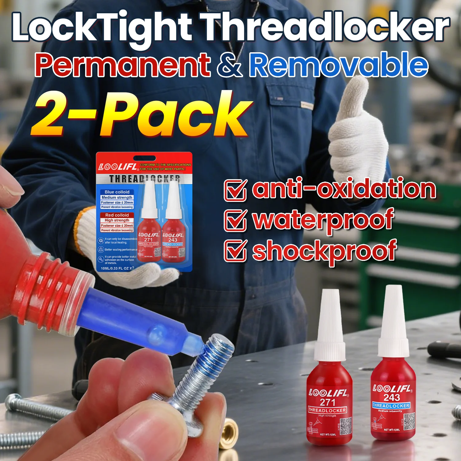 10ml2-6pcs 243,271 Gewindekleber, mittlere/hohe Festigkeit, Gewindesicherung, anaerober Klebstoff, Autoreparatur/Maschinenbau/Landwirtschaftsmaschinen Schrauben gegen Lösen. Image