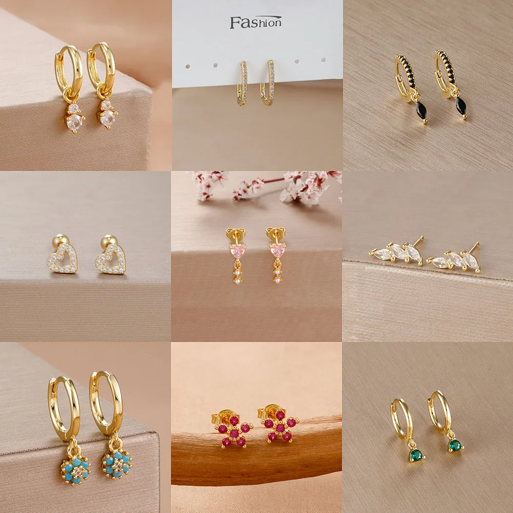 18K vergoldete grüne Kristall-Zirkonia-Huggies-Creolen für Frauen, Edelstahl-Anhänger, quadratische Ohrringe, Piercing-Schmuck Image