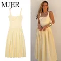 MUJER 2025 robe longue plissée femme jaune Slip robe mi-longue femmes Sexy dos nu robes pour femmes Chic plage robe d'été pour femmes