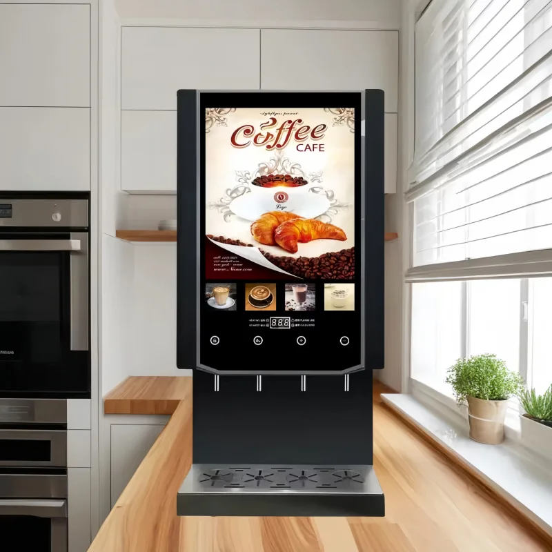 Instant-Kaffeeautomat mit 4 heißen Geschmacksrichtungen. Kommerzielle vollautomatische Espresso-Smart-Kaffeeröster Image