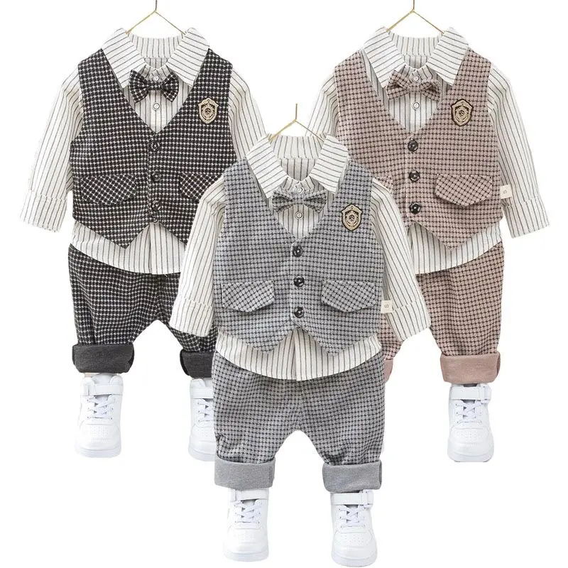 Kinder Kinder Gentleman Kleidung Anzug Geburtstag Hochzeit Party Elegante Set Baby Junge Casual Wear Gestreiftes Hemd Weste Hosen Kostüm Image