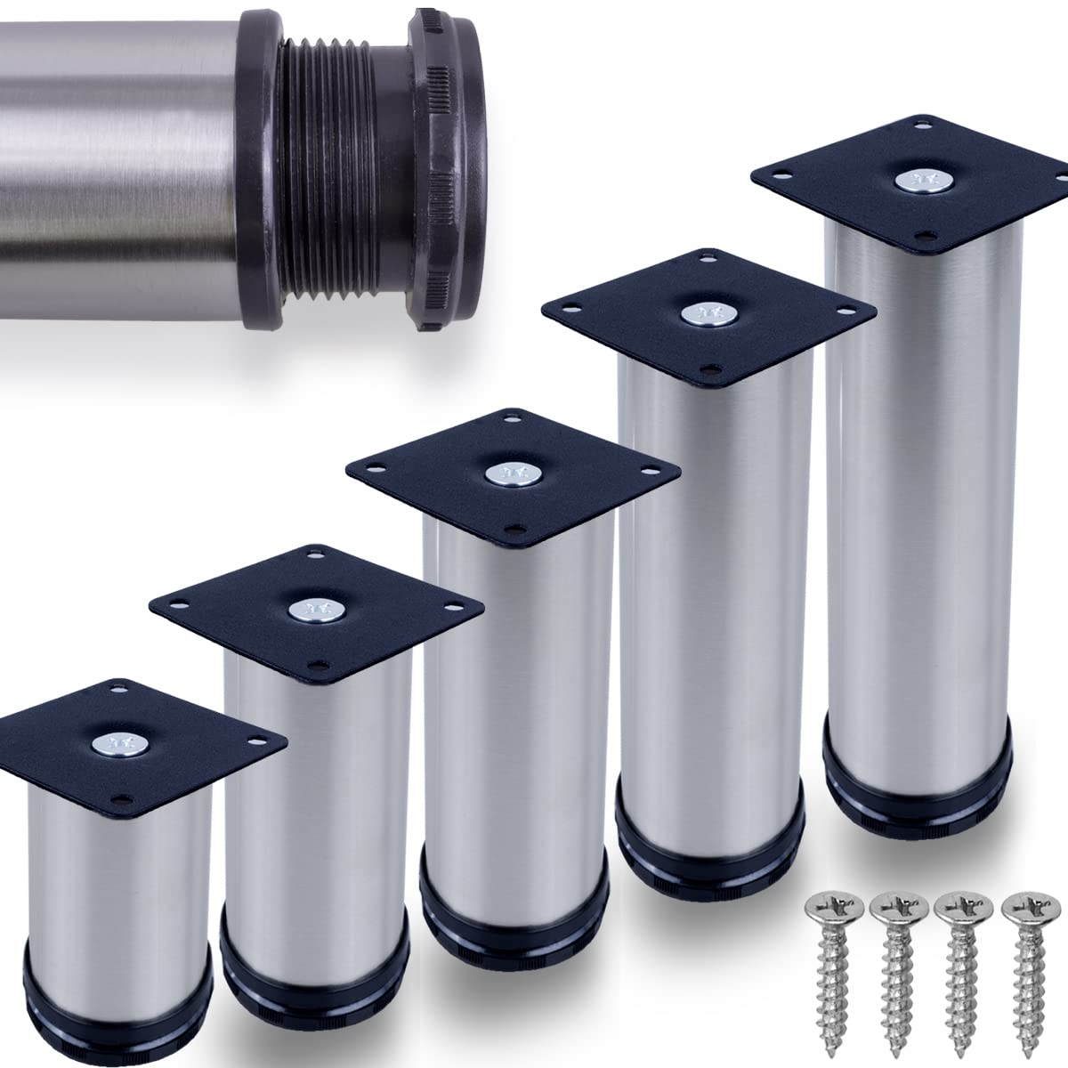 ID Dinkel 10 x Möbelfuße verstellbar EDELSTAHL 50mm Sofafuß Küchenfuß Sockelfüße Bettfüße 180mm Image