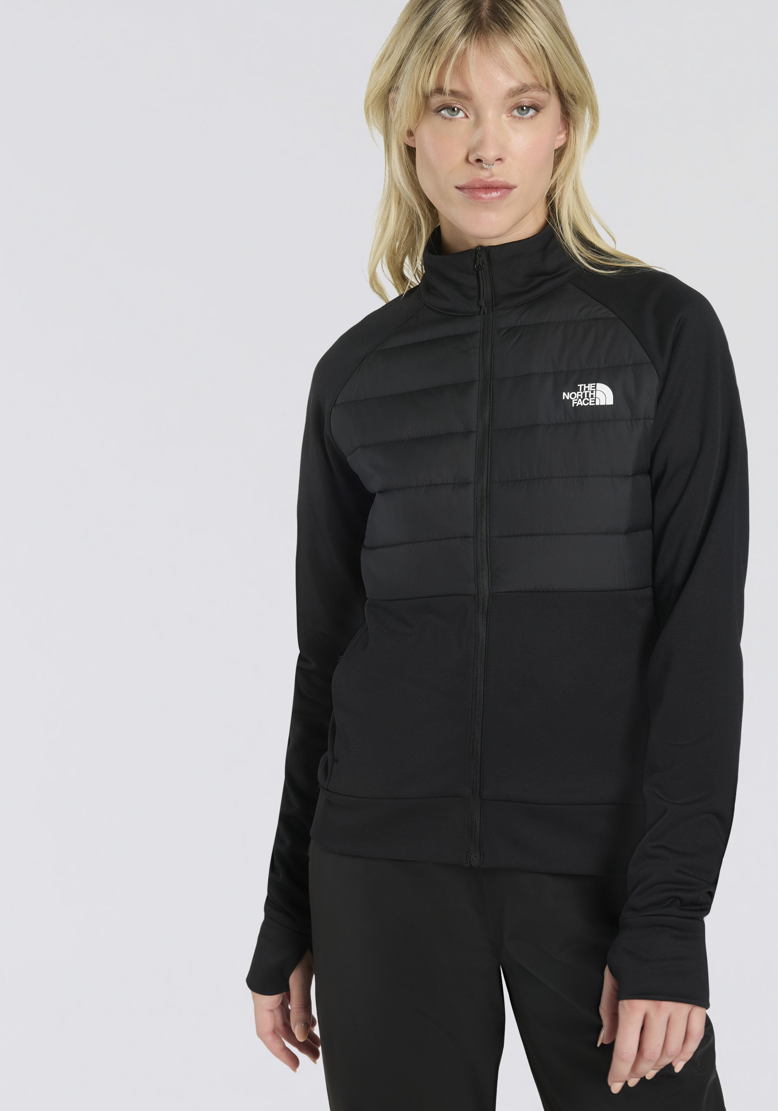 Fleecejacke THE NORTH FACE "W REAXION 2.0 HYBRID JACKET", Damen, Gr. XL, schwarz (tnf schwarz heather), Obermaterial: 100% Polyester, Jacken Fleecejacke, für kühle Temperaturen, aus Polyester, leichtes Material Image