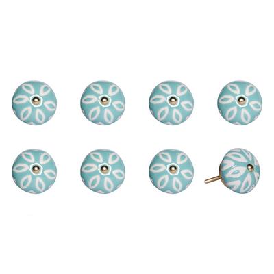 Set of 8 Turquoise and White Ceramic Drawer Pull Knobs for Cabinets - 1.50” x 1.50” x 1.50”