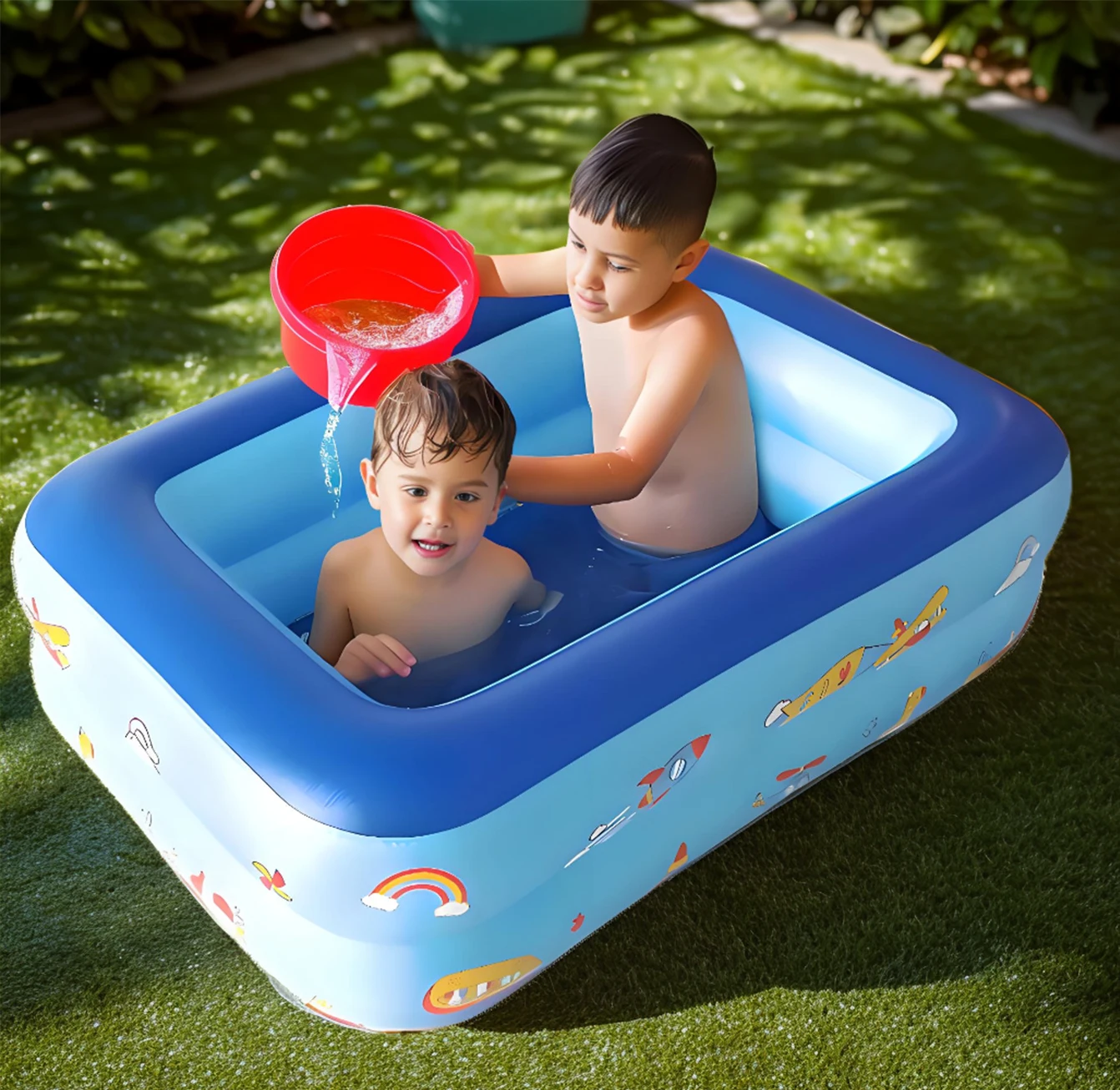Piscine gonflable pour enfants, piscine gonflable en PVC de 113cm, piscine de jeu aquatique à motif de dessin animé pour l'été, l'extérieur et l'intérieur, bleu