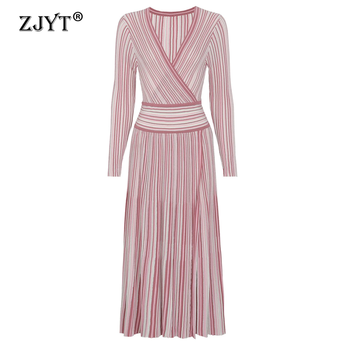 ZJYT Autumn Winter Striped Knitted Sweater Dresses for Women 2026 Elegant Full Sleeve V Neck Party Dress Female Vestidos Holiday