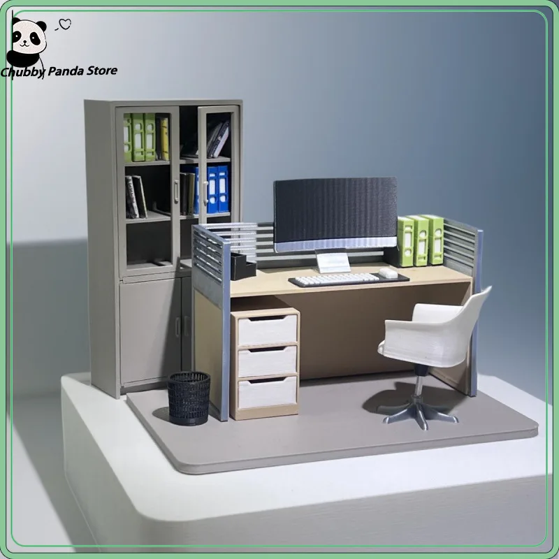 1/12 Scale Miniature Office Scene Model: Filing Cabinet Computer Desk And Chair Set Dollhouse Work Scene Home Decor Ornament