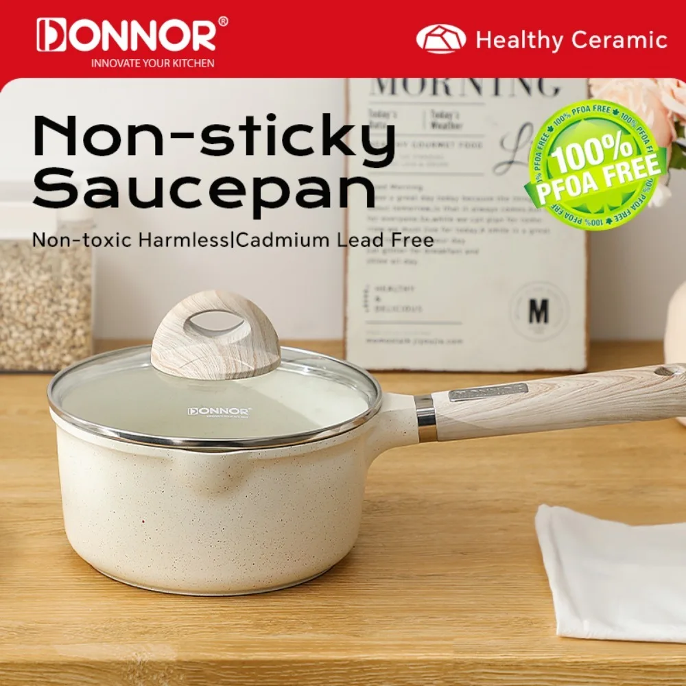 DONNOR Keramik-Sauce-Pfanne mit Antihaftbeschichtung und Deckel, 2QT-Milchtopf, kompatibel mit allen Herdeplatten, 1–3 Personen, PFAS/PFOA-frei, weiß Image