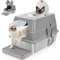 Lettiera per gatti rivestita in acciaio inossidabile con 180 ° Vassoio per lettiera per gatti con bordo alto e ribaltamento chiuso con gradini e pala