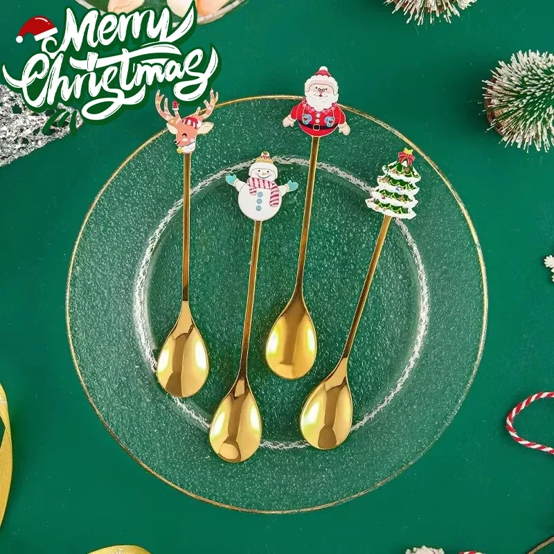 Weihnachtsdekoration, Metalllöffel, Heimgeschirr, Edelstahl, Metalllöffel, Kinderlöffel, goldenes Besteck aus Edelstahl 304,