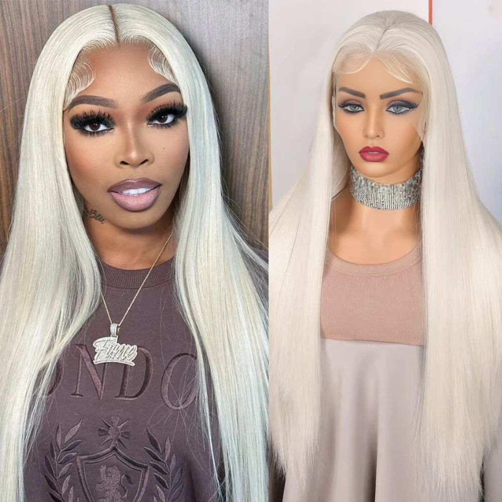 Platin gerade Kunsthaar-Spitzenperücke für Damen, täglicher Gebrauch, natürlich, gerade, hitzebeständig, weißes blondes Haar, Lace-Front-Perücken Image