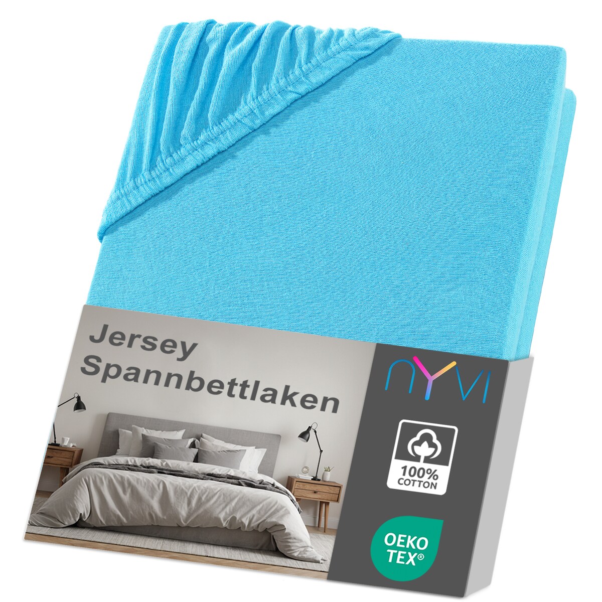 NYVI Jersey Spannbettlaken DreamScience für Matratzen bis 22 cm Höhe - Weich & Anschmiegsam, Rundumgummizug, Bügelfrei 180x200 - 200x200 cm türkis Image