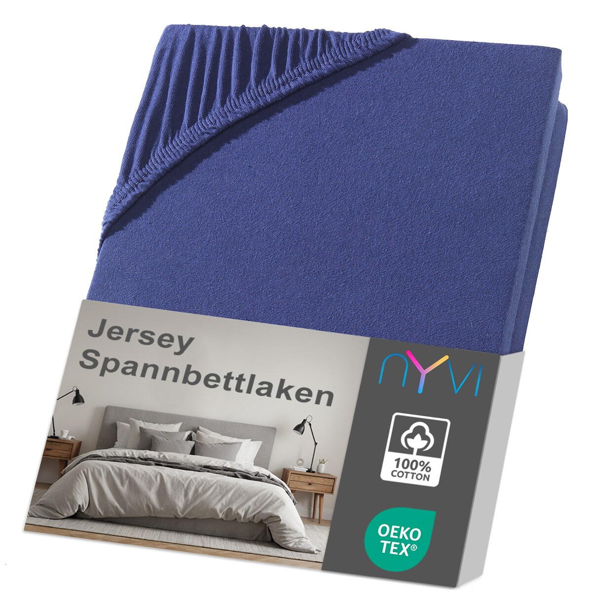 NYVI Jersey Spannbettlaken DreamScience für Matratzen bis 22 cm Höhe - Weich & Anschmiegsam, Rundumgummizug, Bügelfrei 180x200 - 200x200 cm navyblau Image