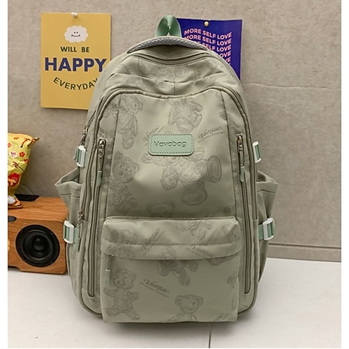 Zaino scolastico stampato beige da donna con grazioso portachiavi in peluche, zaino leggero e di grande capacità per ragazze adolescenti, college e uso quotidiano casual, disponibile in due misure