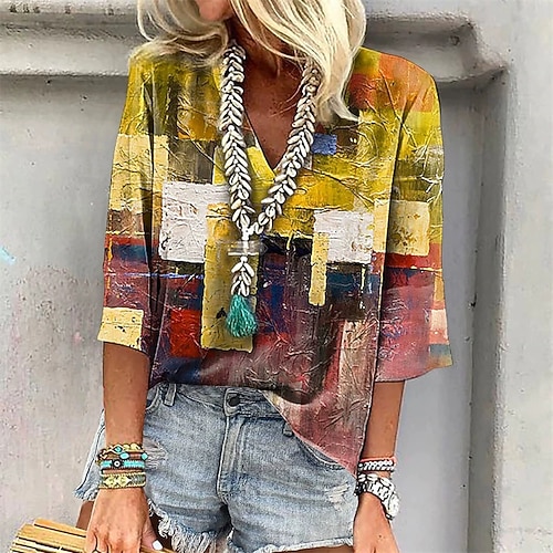 Per donna Maglietta Top estivi Stampato Gradiente di Colore Moda Moderno Manica 3/4 Scollo a V Top Regolari Quotidiano Blu Giallo Rosa Estate