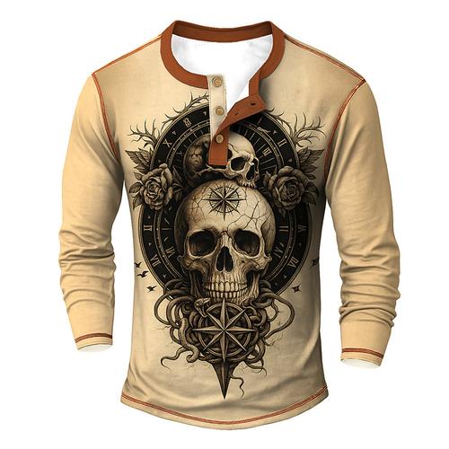 Men's Halloween Graphic Cool Skulls Henley Shirt Tee Long Sleeve Vintage Fashion Designer Outdoor Casual Daily Fall Spring Fall Blue Green khaki Beige Henley Henley T-Shirt