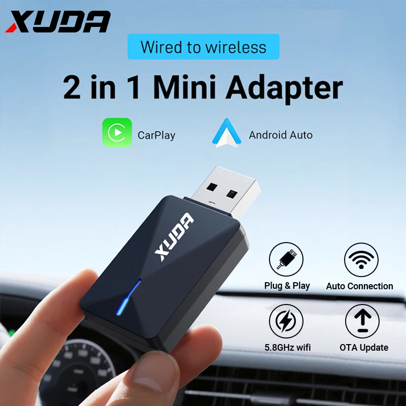 XUDA 2025 NEUER Mini 2in1 Wireless Carplay Adapter und Android Auto Wireless Adapter Plug-and-Play Auto Connect Wired auf Wireless Image