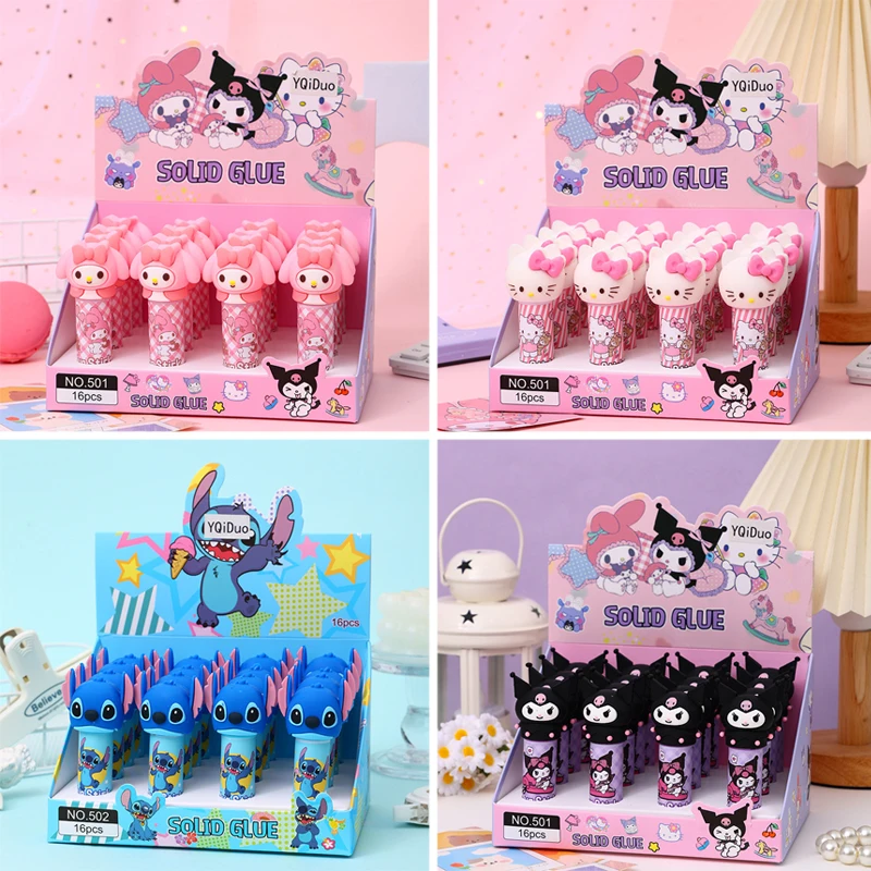 16 stücke Sanrio Hallo Kitty Feste Kleber Stick Melody Kuromi Student Schnell Trocken Kleber Stick student Schule Liefert Büro Schreibwaren Image