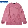 Distressed gebrochenen Pullover Männer Hip Hop Streetwear rosa schwarz gestrickt Pullover Mann ausgehöhlte Pullover Pullover