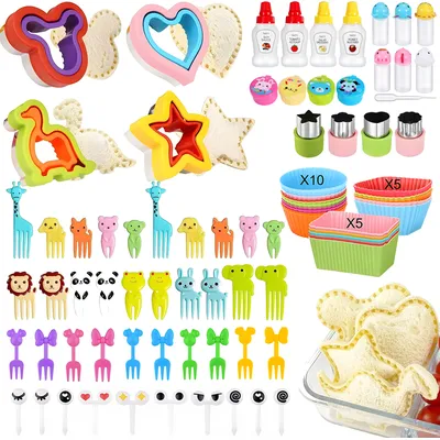Kids Bento Lunch Box Accessories With Mini Fruit Forks for Children/Fuirt Cutter/Soy Sauce Container/Silicone Cupcake Liners