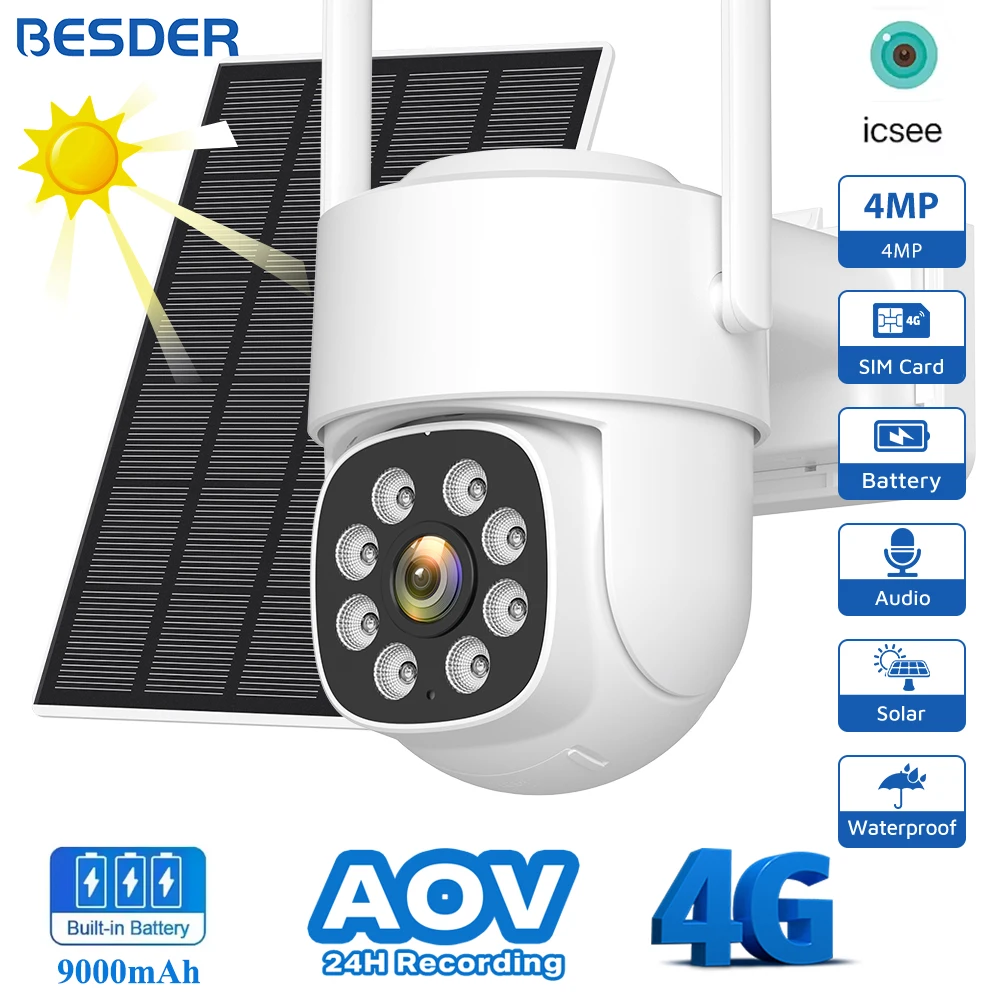 BESDER 4G Solarkamera SIM-Karte 4MP AOV 24/7 Videoaufzeichnung mit 9000mAh Akku Human Detect CCTV-Überwachungs-IP-Kamera iCSee Image