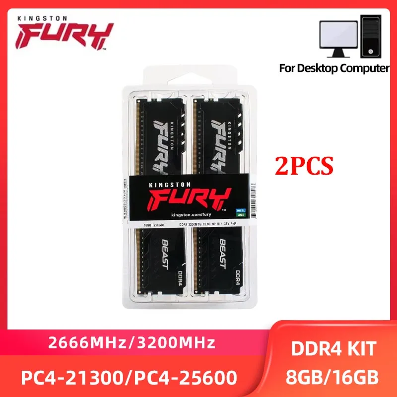 Kingston Fury Beast DDR4 16 GB (2 x 8 GB) 32 GB (2 x 16 GB) Kit 2666 MHz 3200 MHz DIMM 288Pin PC4-21300 25600 für Desktop-Speicher Ram DDR4 Image