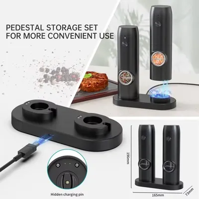 Electric Salt and Pepper Grinder Set with Charging Base and LED Light Adjustable Coarseness Automatic Spice Herb Mill