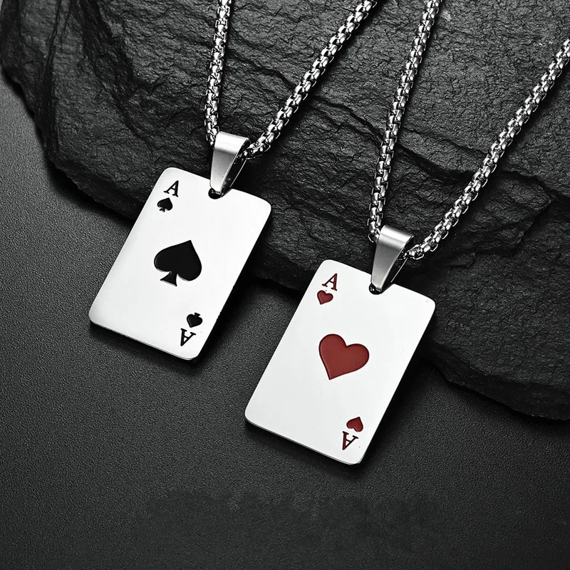 Hip Hop Edelstahl Poker Karte Ace of Spades Halskette Für Männer Anhänger Kette Spielkarten Schmuck Ace of Hearts Halsketten Image
