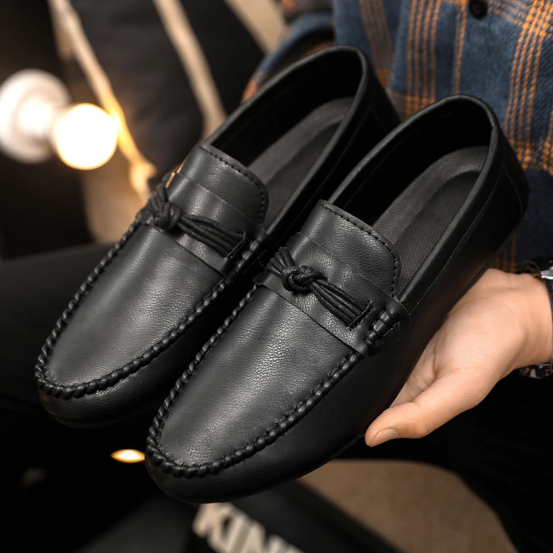 HKDQ Klassische schwarze Herren-Leder-Loafer, große Größe 46, Slip-on-Schuhe, Herren-Büroschuhe, bequeme, weiche, flache Freizeitschuhe für Herren