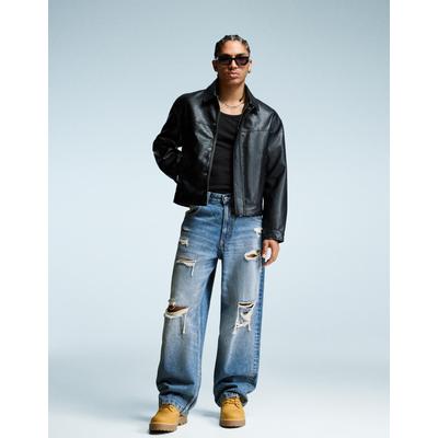 Bershka Ripped Super Baggy Jeans Men 28 Blue