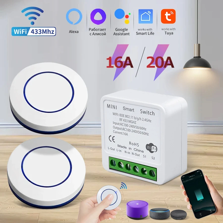 16A Tuya WiFi Smart Switch Mit RF 433Mhz Drahtlose Relais Empfänger Mini Runde Panel Schalter Sprachsteuerung Alexa google Home Alice Image