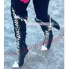 Blau Denim Spitz Kniehohe Stiefel Frauen Mode Sexy Weiß Lace Up Stiletto Ferse Schuhe Damen Streetwear Spleißen Stiefel