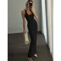 Trendix solide moulante robe de soirée élégante Femme taille haute mince col bas sans manches robes Maxi Sexy dos nu fente longue robe