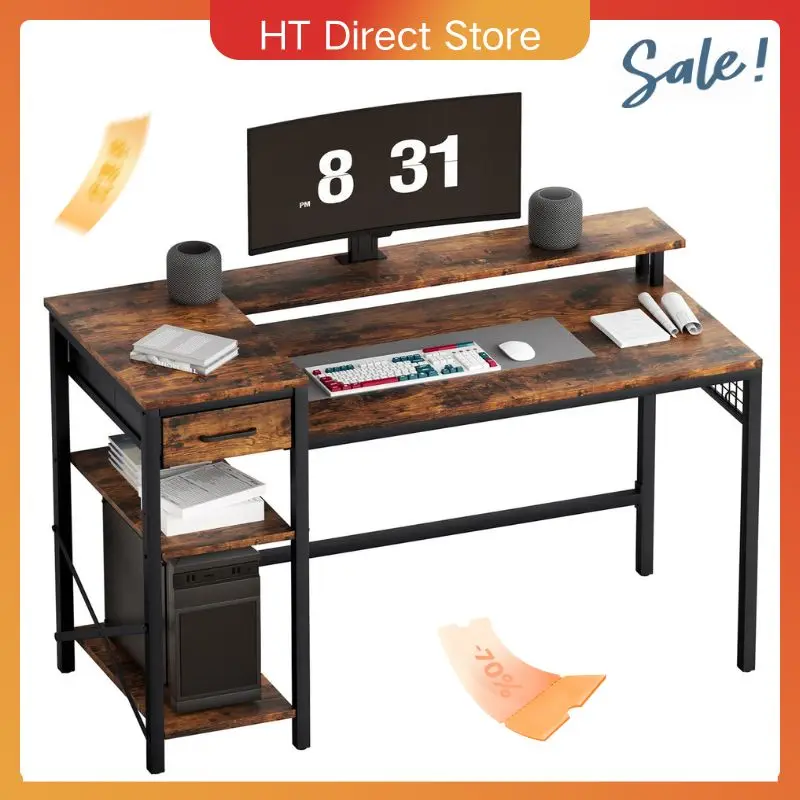 Oak & Tea Eck-Schreibtisch L-Form 120cm – PC-Tisch mit verstellbaren Regalen & Vintage-Design, Büro-/Gaming-Tisch