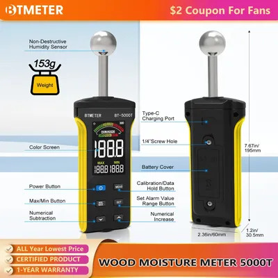 BT-5000T Pinless Wood Moisture Meter - Non-Contact Digital Humidity Sensor for Wood & Wall, 20-40mm Depth