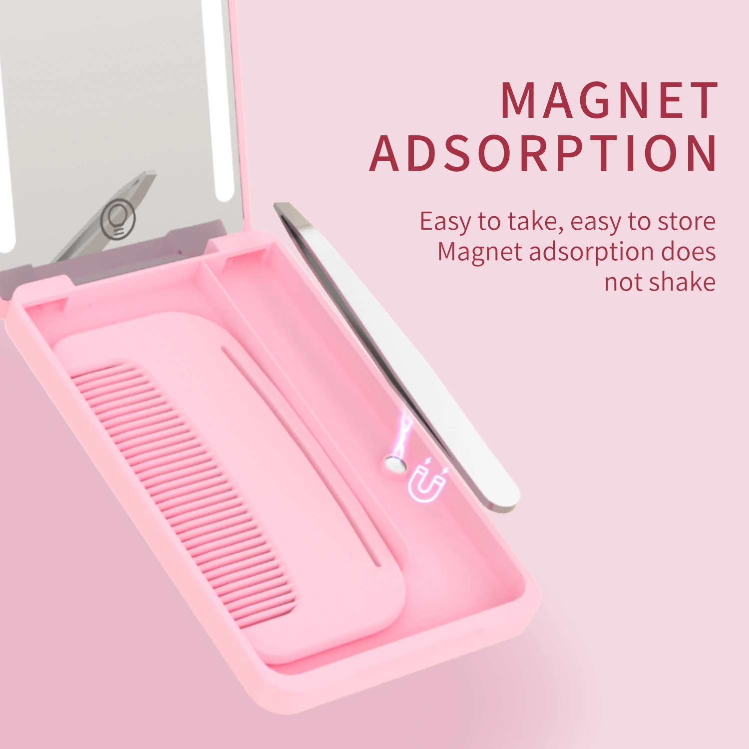 Zusammenklappbarer Make-up-Mini-Spiegel mit LED-Licht und Tasche für Kamm und Augenbrauen, tragbarer Reise-Make-up-Spiegel mit Typ-C-Kabel Image