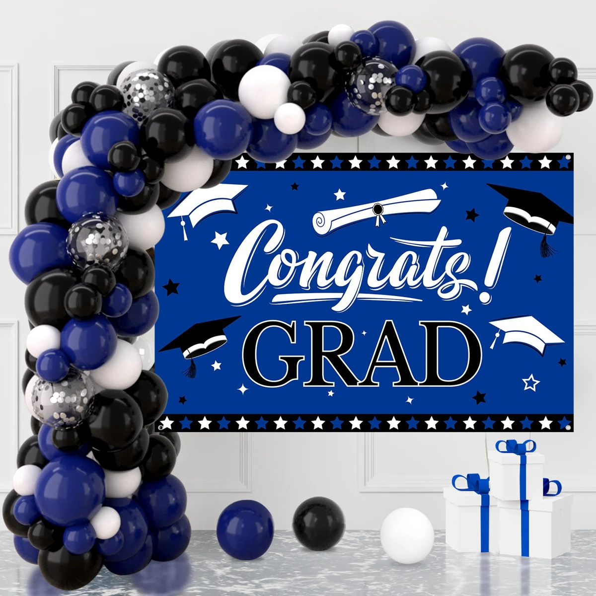 Abschlussballon der Klasse 2025, Abschluss-Hintergrund, dunkelblaue Ballon-Girlande, Abschlussfeier-Zubehör, Abschluss-Saison-Dekoration Image
