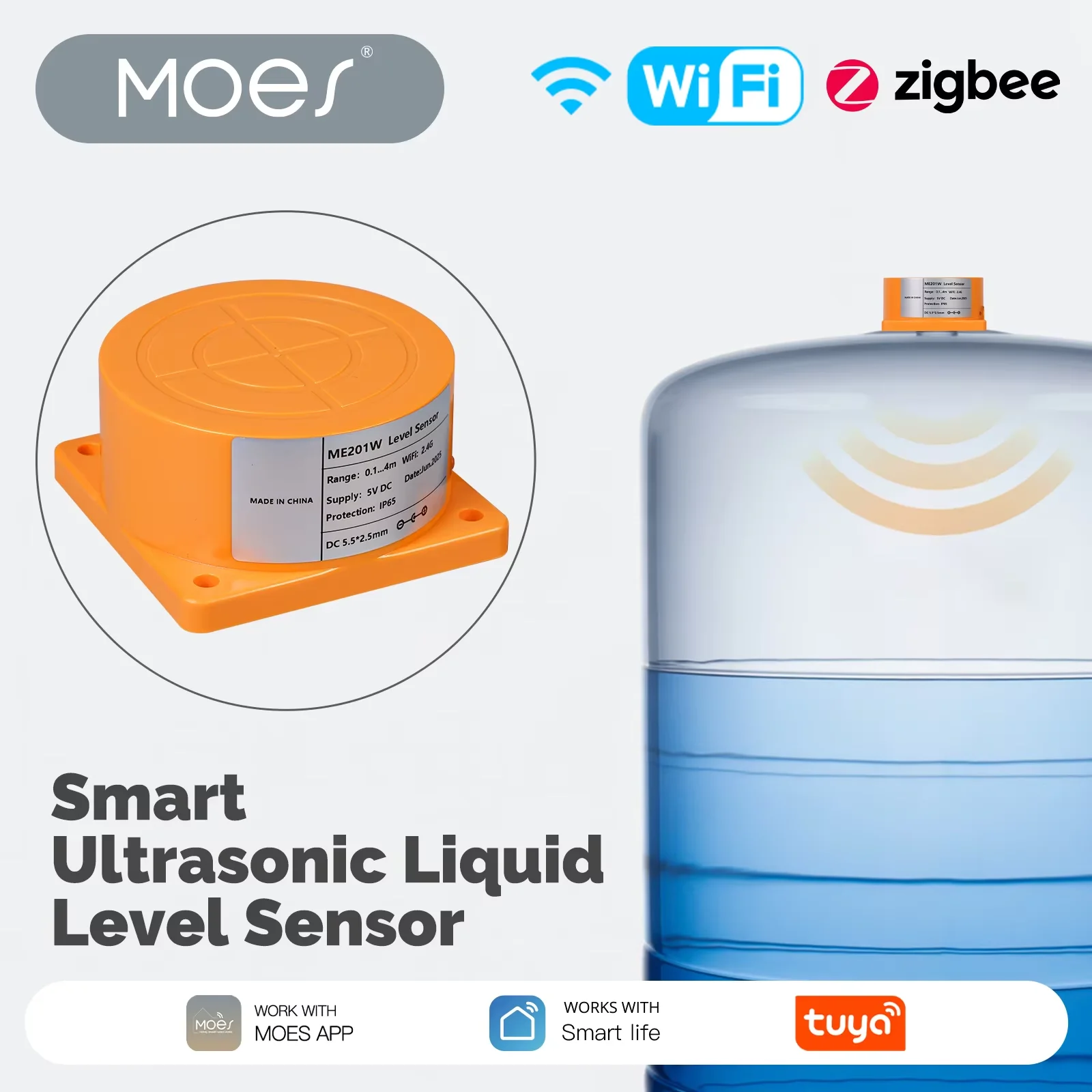 MOES Tuya WiFi/Zigbee Smart Ultraschall Flüssigkeit Niveau Sensor Wasser Tank Monitor Mit Echtzeit Alarm Benachrichtigung APP RemoteControl Image