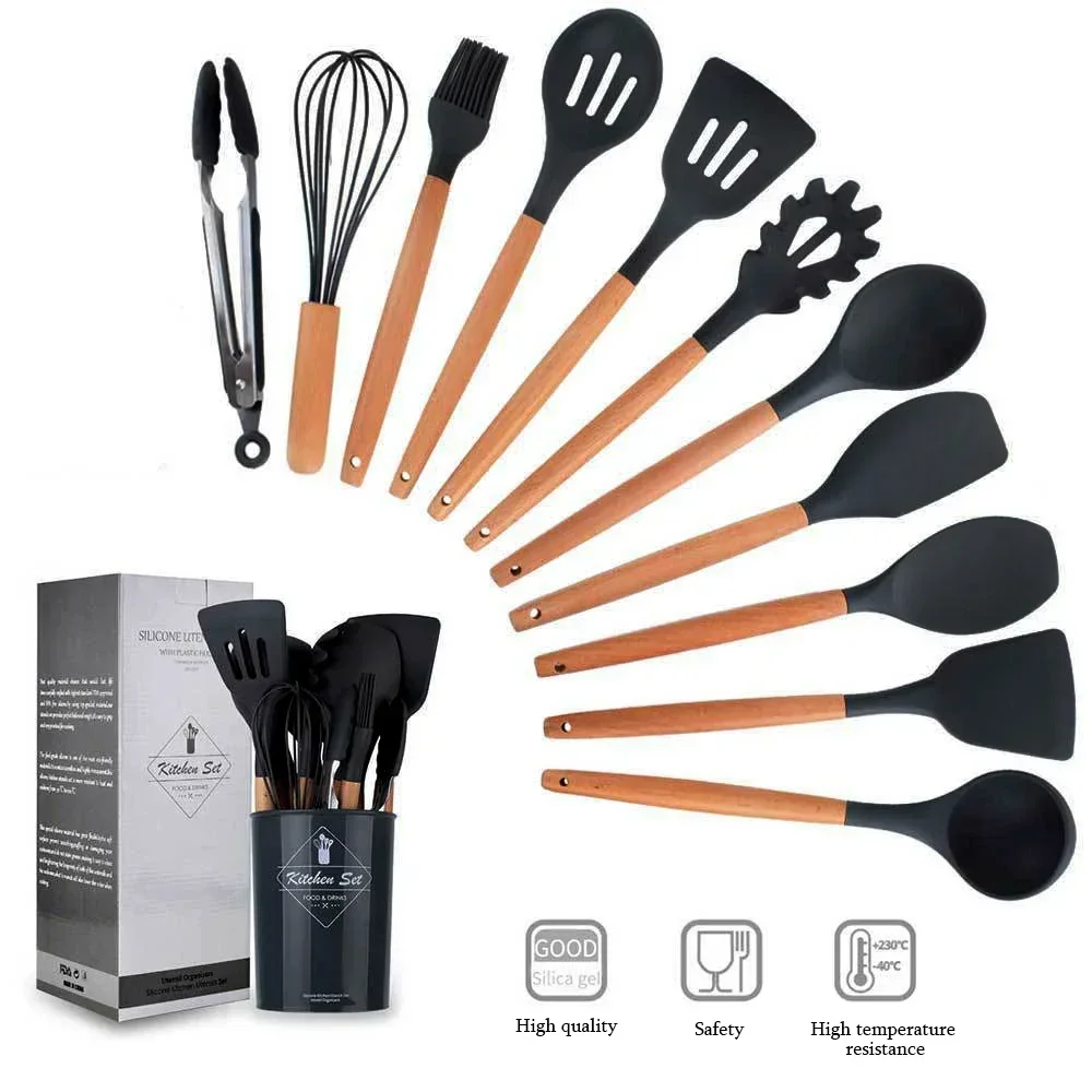 12PCS Silikon Geschirr Nicht-Stick Kochgeschirr Küche Utensilien Set Spachtel Schaufel Schneebesen Holzgriff Kochen Werkzeug Set Image