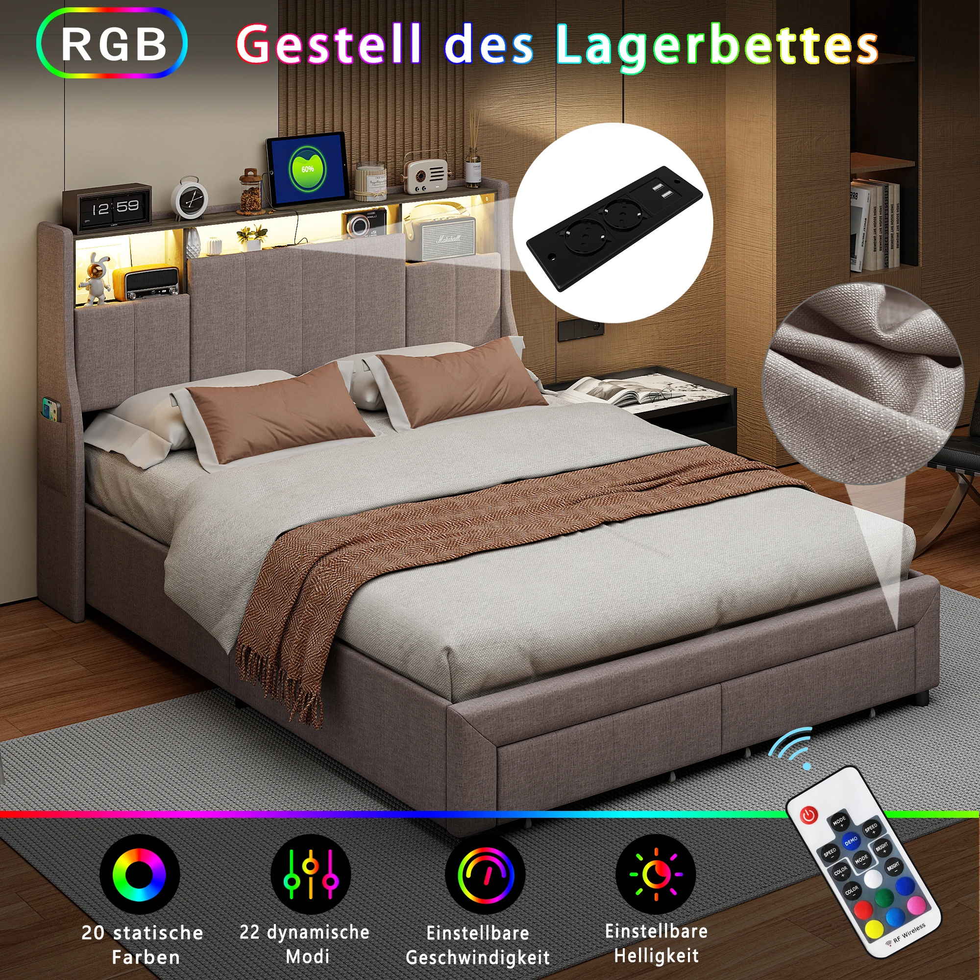 Rosahqnda Doppelbett Kopfteil mit LED-Beleuchtung, USB-Anschlüssen und Ablagefach, 2 Schubladen, Gästebett, Jugendbett,